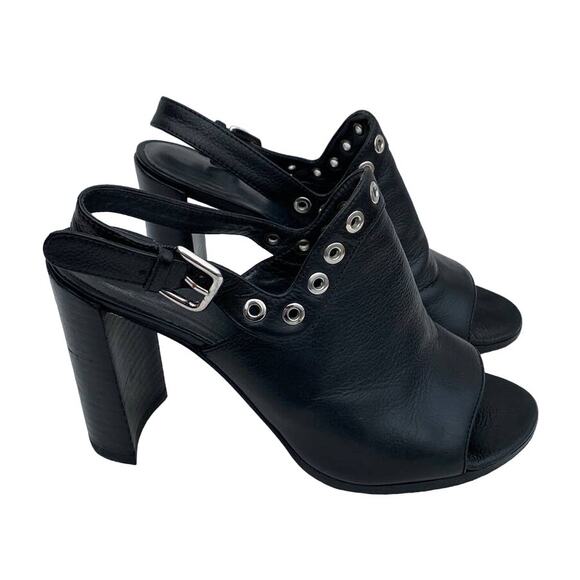 Stuart Weitzman Shoes - Stuart Weitzman Black Leather Grommet Slingback Open Toe Block Heel Mule 6 1/2 M